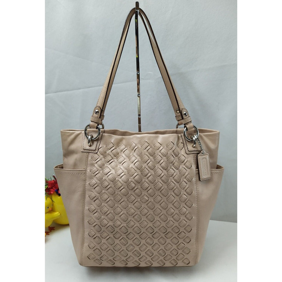 Coach North South Taupe Woven Leather Outside Pockets Shoulder Bag - Picture 1 of 16